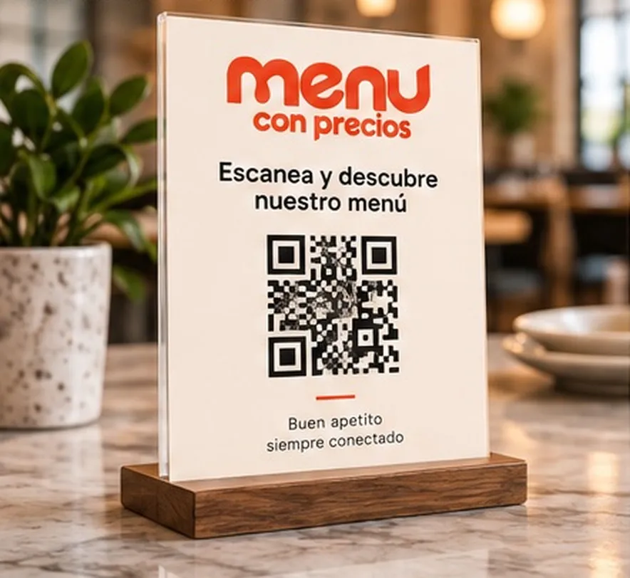 Letrero de mesa con código QR para escanear el menú digital en un restaurante